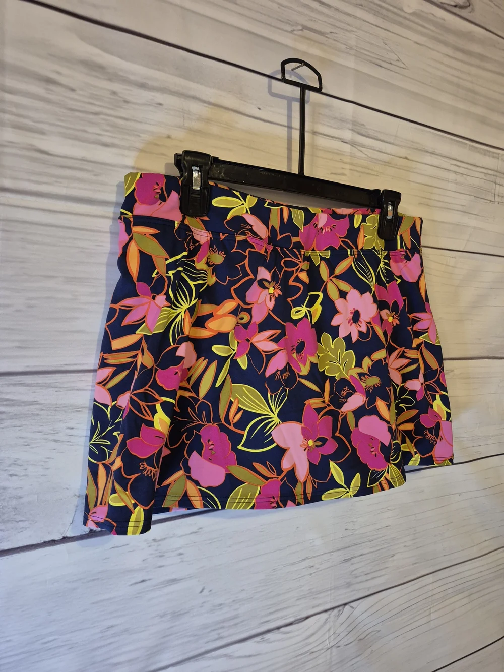 Lands' End Navy Swim Skirt with Pink & Yellow Tropical Floral Print 12 Petite